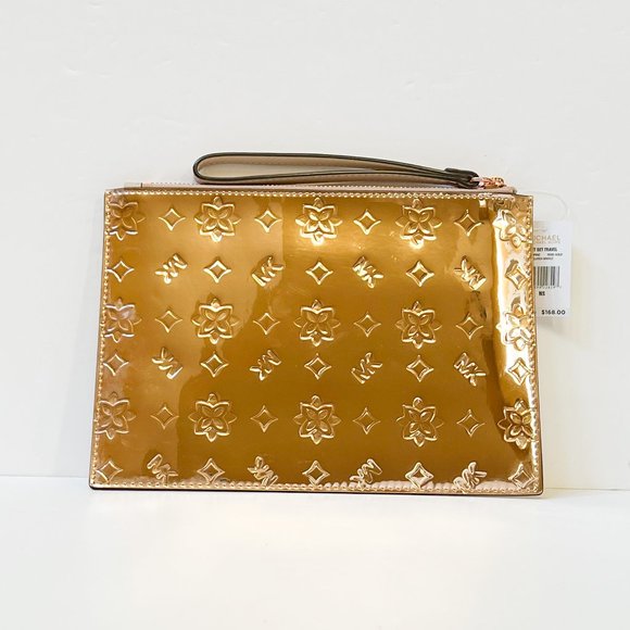 Michael Kors Jet Set Travel XL Clutch Wristlet Mirror Metallic MK Rose Gold - Picture 2 of 6